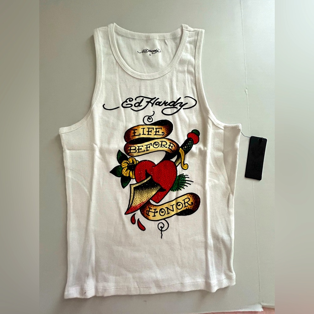 Ed Hardy White Tank Top with Red Heart and Gold Banner Graphic